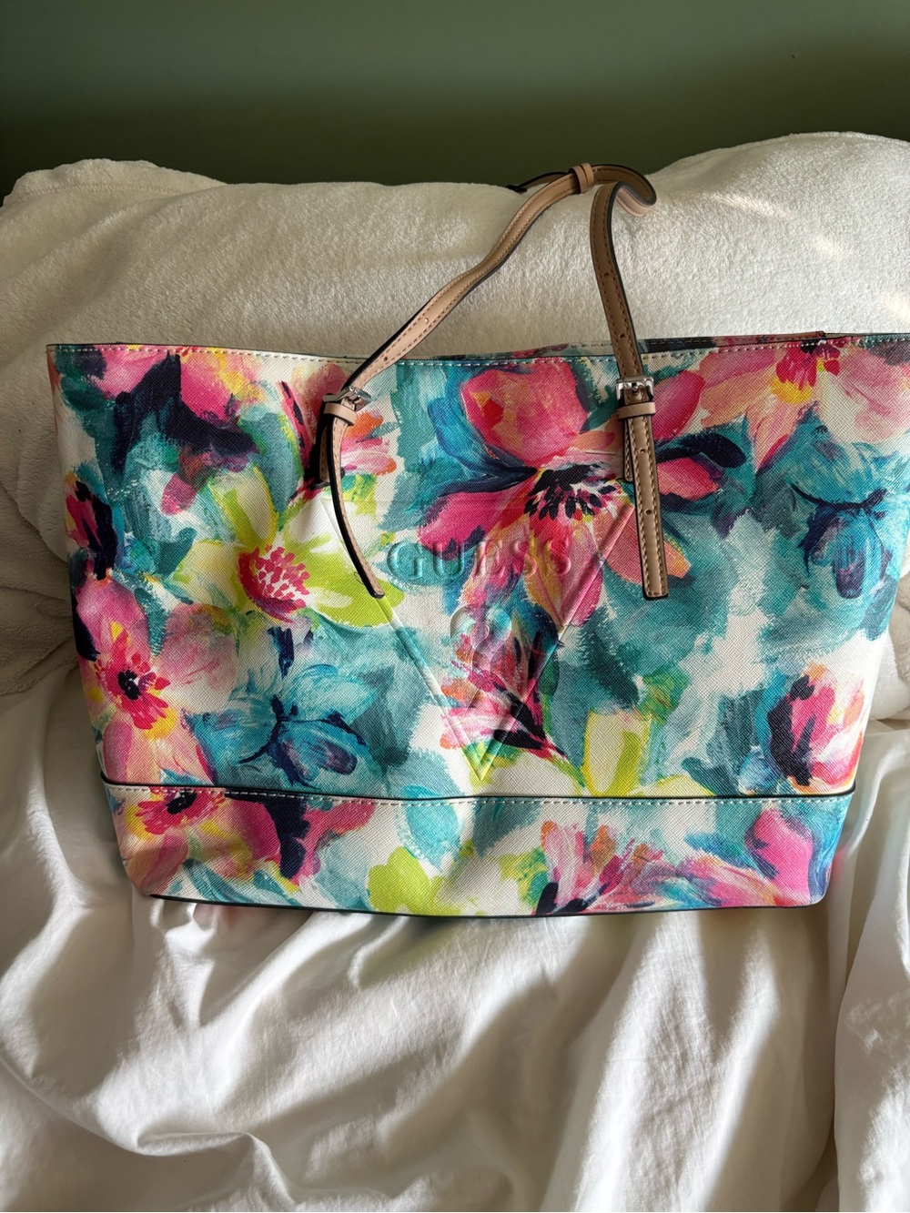 GUESS Floral Canvas Tote in Pink, Blue, Green and Tan